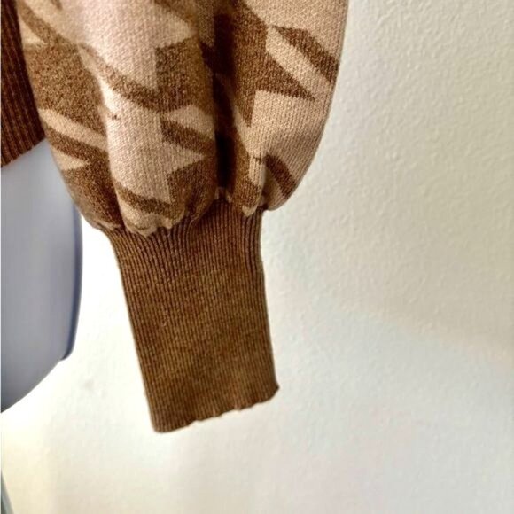 Joie Cardigan Large Tan V Neck Houndstooth Puff Sleeve Old Money Preppy Academia - Picture 8 of 12
